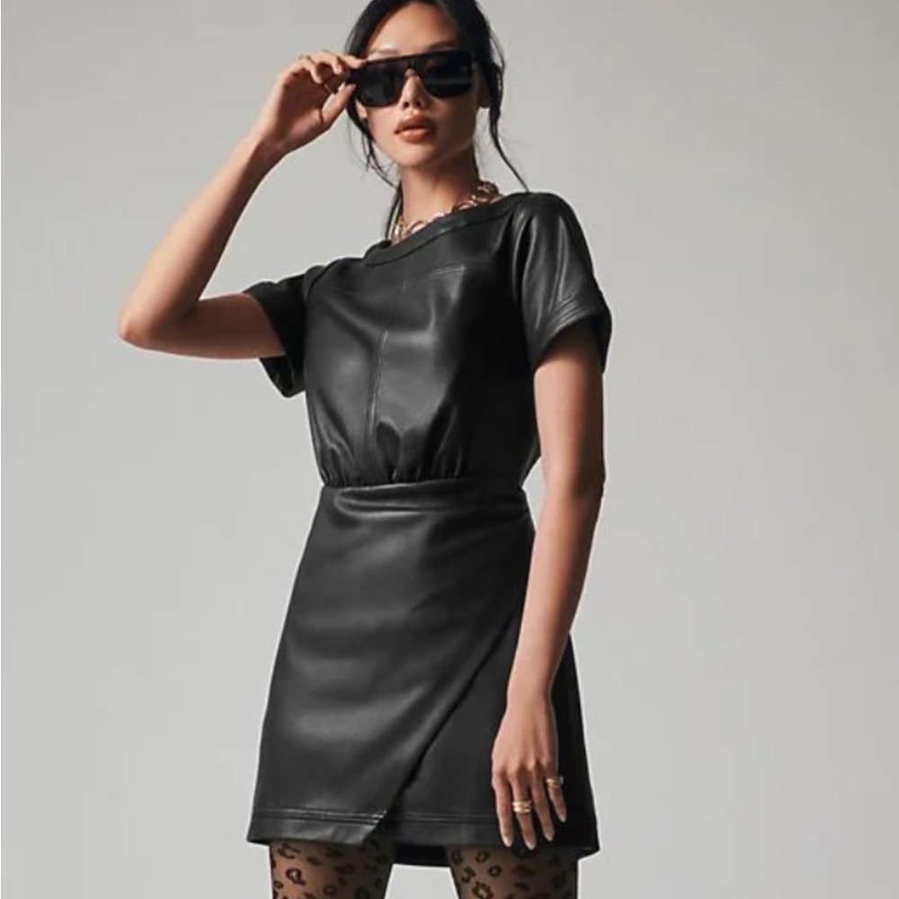 Faux leather mini black dress from Anthropologie